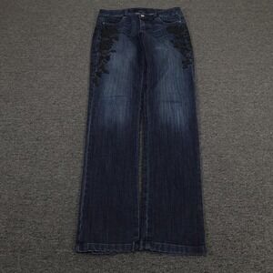 White House Black Market Dark Blue Jeans with Black Floral Embroidery